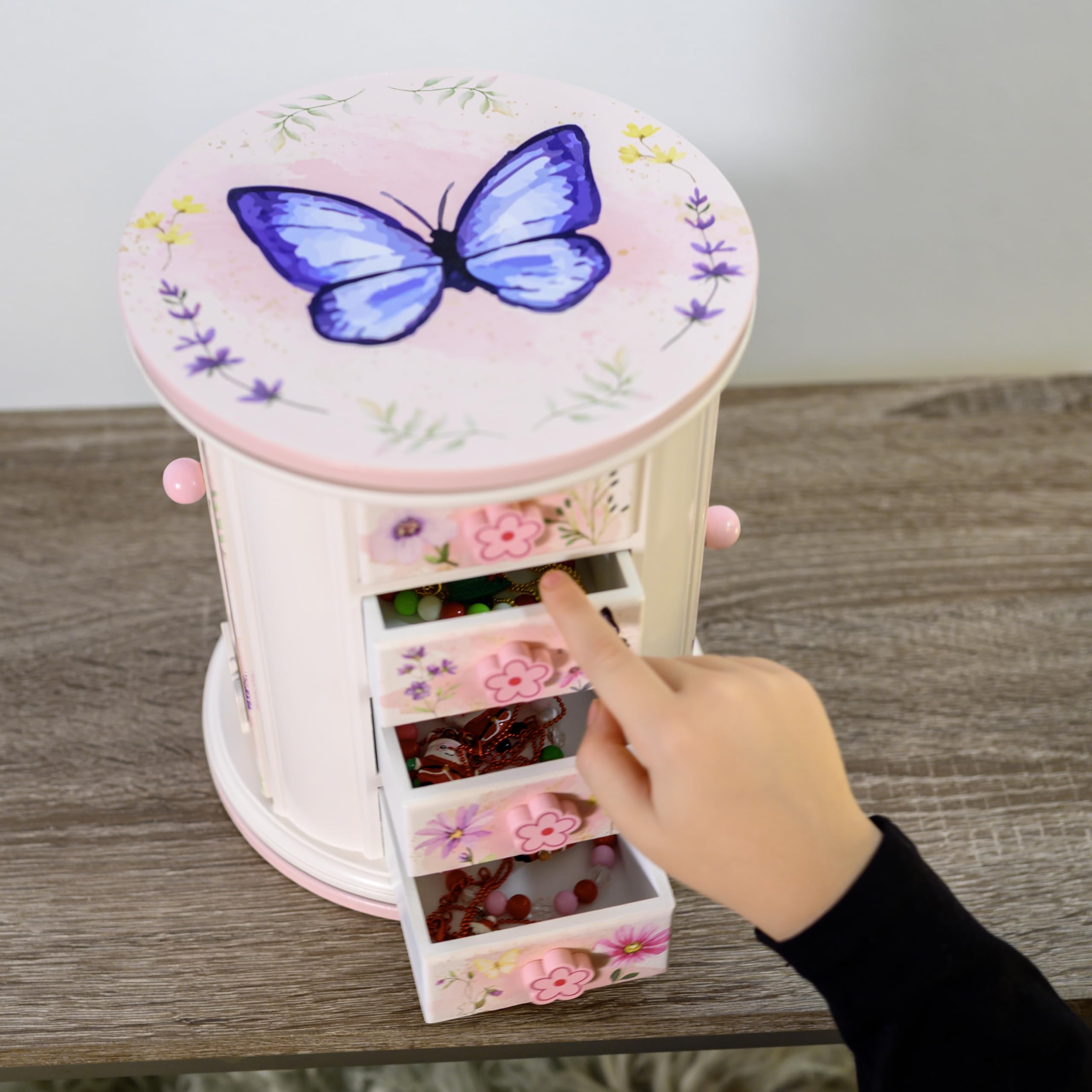 Tiny Gem - Spinning Jewelry Box for Girls Ages 2-18; Little Girl and Toddler Birthday and Christmas Gift; Flower and Butterfly White and Pink Wood Jewelry Box and Organizer; Room Decor for Accessories