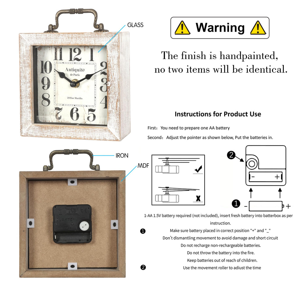 BITALYE Retro Desk Clock, White Vintage Wooden Table Clock,