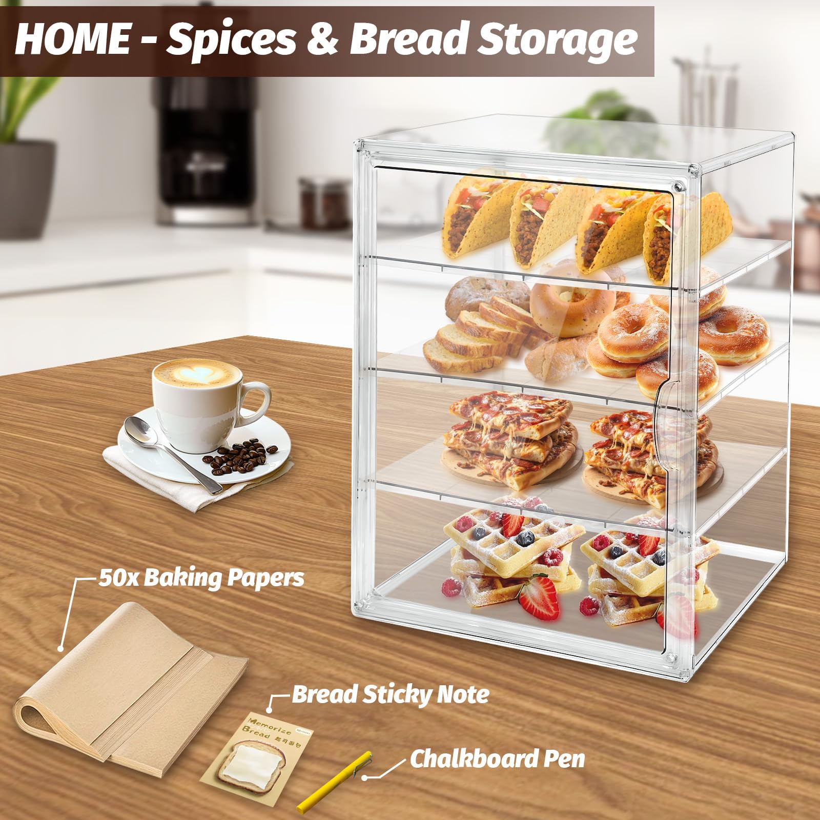 2PCS Pastry Display Case,Large Bakery Cookie Display Stand for Kitchen Countertop,4 Layers Adjustable Clear Bread Storage with Magnetic Door Bread Box and Cupcake Kitchen Counter 15.5x11.4x9.8 Inch