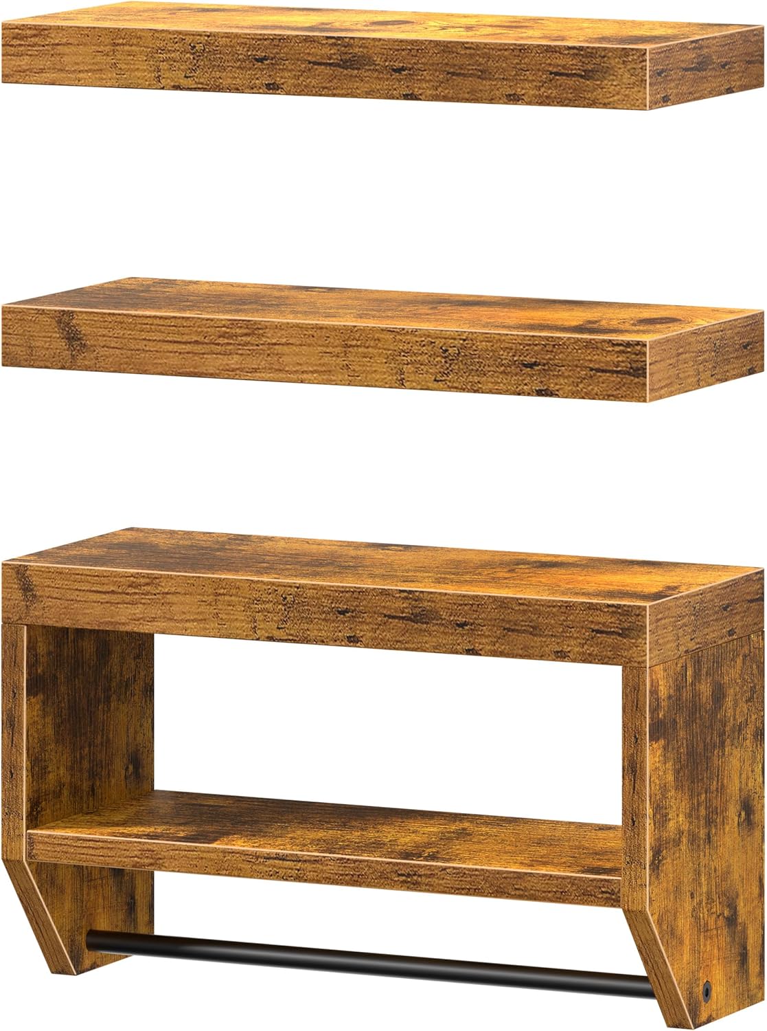 QEEIG Floating Bathroom Shelves - Rustic Brown Wall Storage Set of 3 | 16 Inch Over Toilet Solution