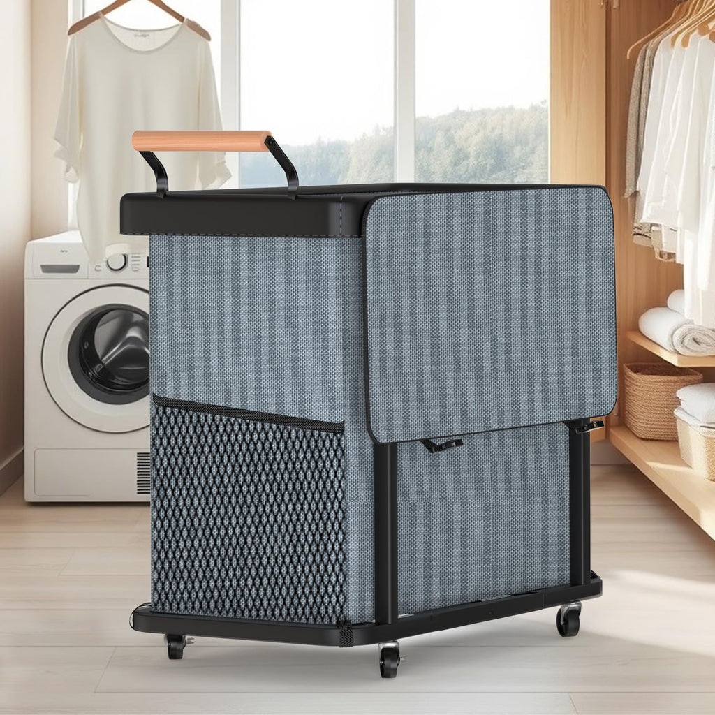 60 Gal (230L) Laundry Hamper 3 Section with Lid, Leather Patchwork Laundry Sorter with Rolling Lockable Wheels and Handle, Laundry Basket Organizer for Laundry Room, Bedroom and Bathroom - Gray