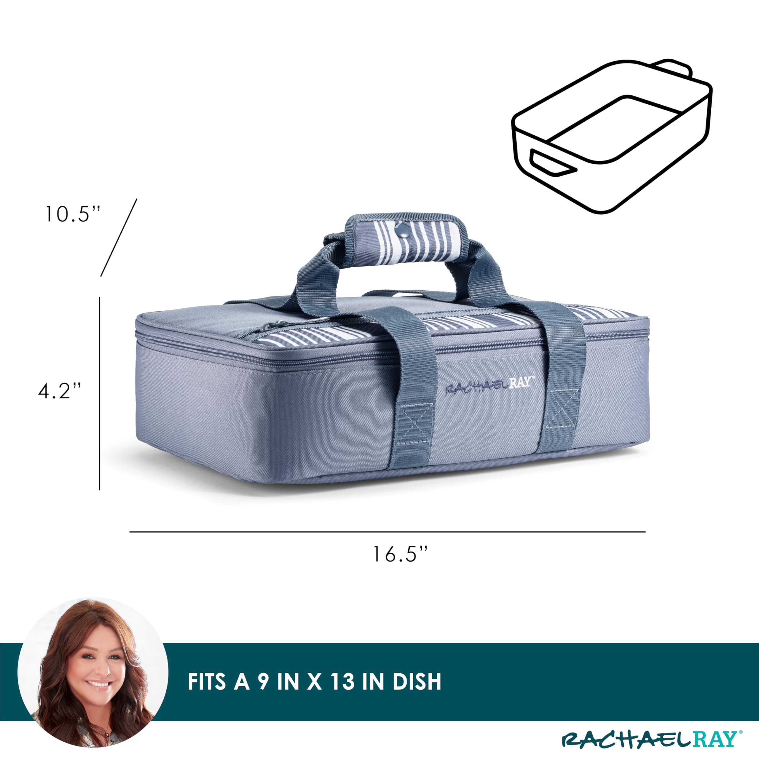 Rachael Ray Lasagna Lugger, Thermal Insulated Casserole Carrier for Hot or Cold Food, Lugger Tote for Potluck, Parties, Picnic, and Cookouts, Fits 9" x 13" Baking Dish, Slate Stripe