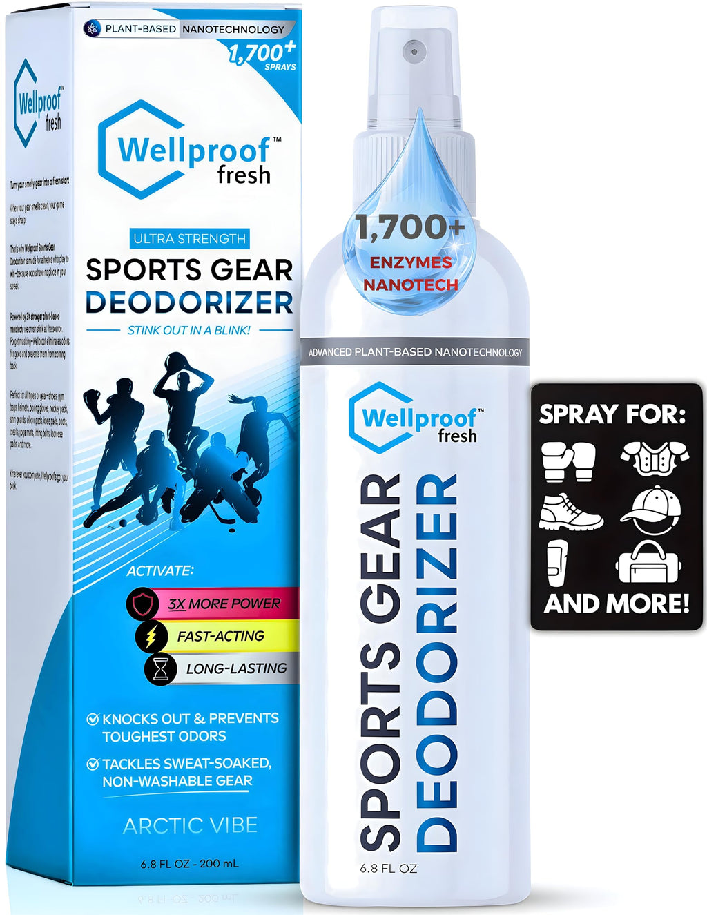 Wellproof 2-in-1 Sports Gear Cleaner & Odor Eliminator - 3X Powerful Nano-Enzyme Deodorizer for Athletic Gear, Baseball, Hockey, Football, Boxing, MMA, Gym Bag | Plant-Based | Remove Stink & Dirt