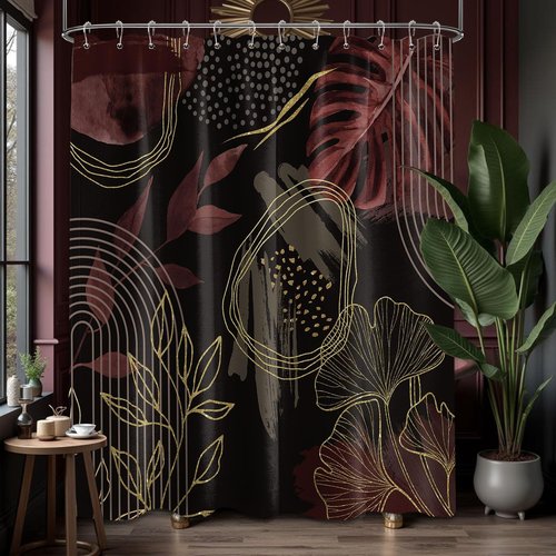 soeeao Black and Dark Red Shower Curtain Mid Century Modern Burgundy Maroon Leaf Shower Curtains for Bathroom Decor Set, Waterproof Cloth Fabric with Hooks, 70" W x 72" L