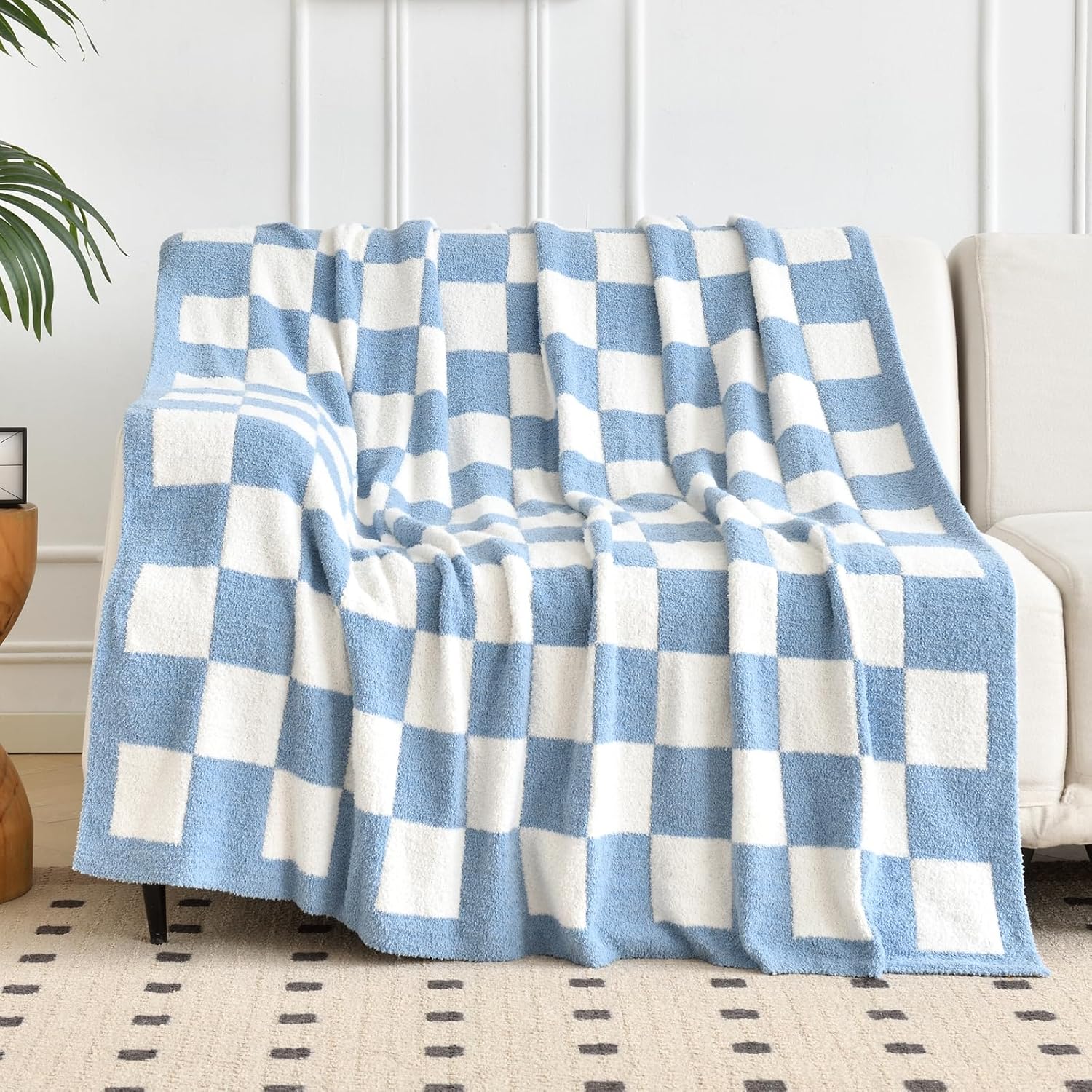Skiennix Checkered Knitted Throw Blanket - Cozy Soft Plaid Design for Couch & Bed | 50"x60" Blue
