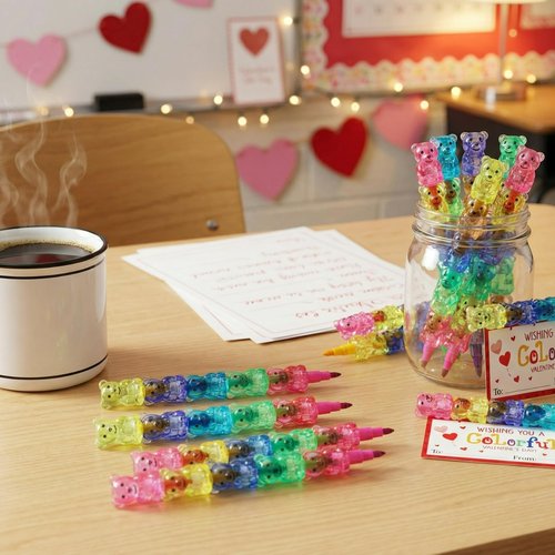 Noveread 24 Valentines Cards and Stacking Crayons 24 Pcs 5 Colors Panda Buildable Crayons 24 Pcs Valentines Greeting Cards for Prizes Goodie Bag Fillers Party Supplies