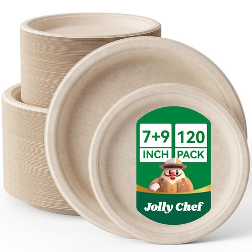 JOLLY CHEF Compostable Heavy Duty Plates 𝟳 𝗶𝗻𝗰𝗵 𝗮𝗻𝗱 𝟵 𝗶𝗻𝗰𝗵 [𝟭𝟮𝟬 𝗣𝗮𝗰𝗸] Eco-Friendly Disposable Paper Plates Bagasse Biodegradable Sugarcane for Party Hot Cold Foods Christmas(Brown)