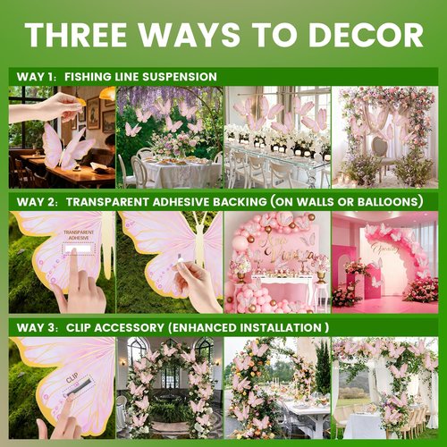 3D Butterfly Wall Decor - Gold Paper Butterflies Sticker for Balloon Arch Garland & Cake Topper - Removable Mural Decals for Baby Shower, Wedding, Nursery & Girls Room Decoration (Pink)