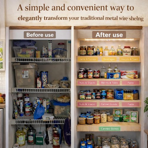 5 PCS Wire Rack Covers 24×12 in, Wood Grain PVC Shelf Covers with LED Motion Light &Labels, Renter Friendly, Easy-Cut Moisture-Resistant No-Tool, No-Drill Install for Pantry, Laundry, Kitchen, Garage