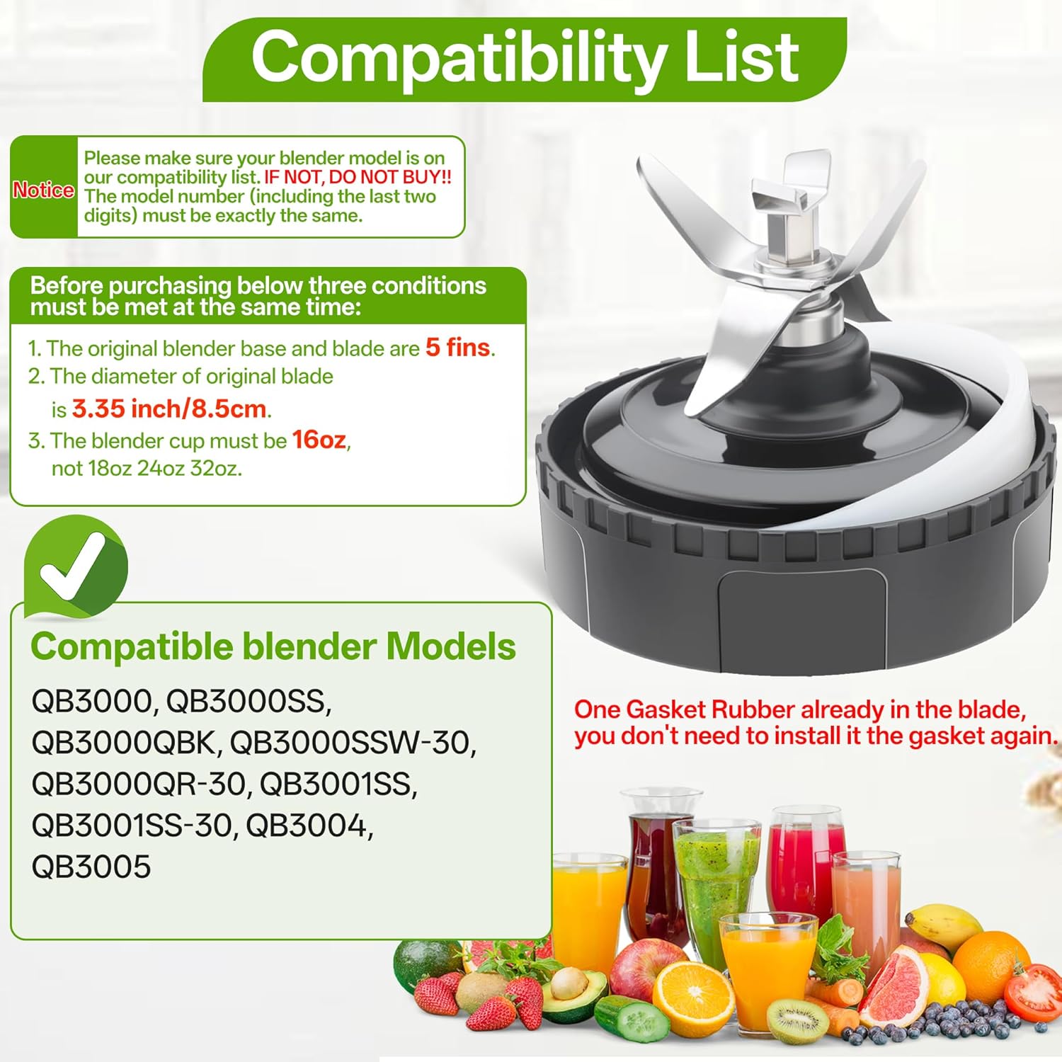 Ninja Blender Replacement Blade Assembly - 5 Fins Extractor Blade, 3.35in Compatible with QB3000 Series