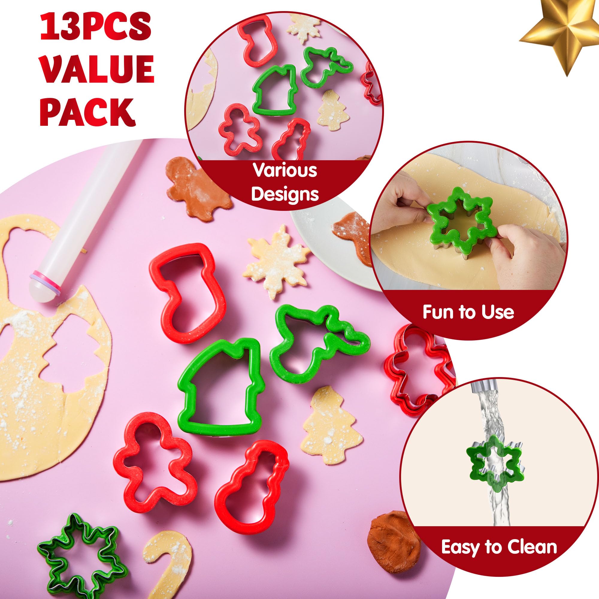 JOYIN 13 PCS Christmas Cookie Cutters in Stainless Steel with 3.5í plus Grip and a Rolling Pin for Xmas Holiday Party Baking Supplies, Snowflake, Gingerbread Cookies Mold and Baking Gift