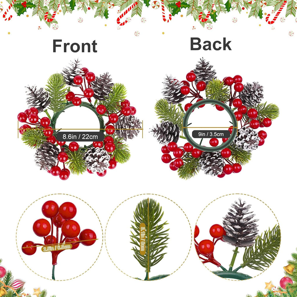Skiennix Christmas Candle Rings - 6Pcs Artificial Pine Cones & Red Berries for Pillar Holders | Festive Table Centerpiece