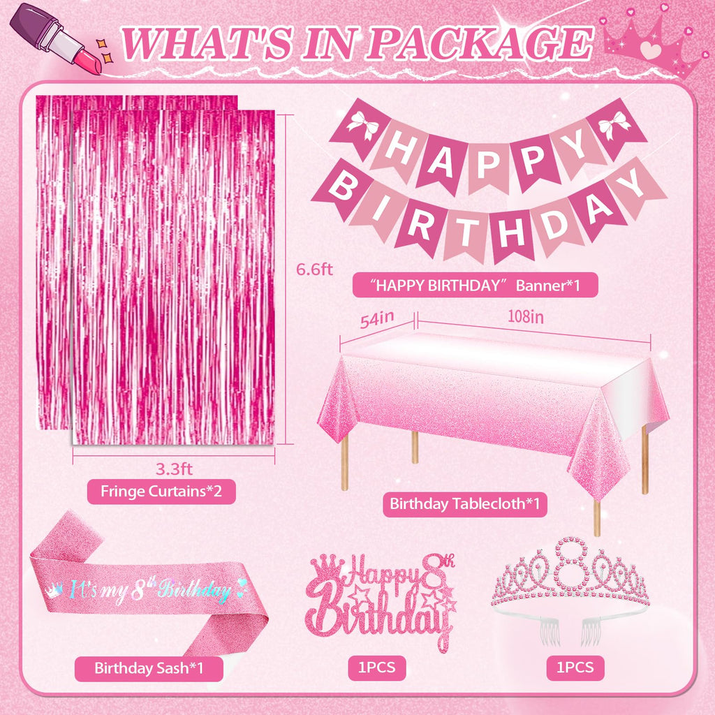 8th Birthday Decorations for Girls, Pink Party Decorations with Number 8 Balloon Happy Birthday Banner Bday Sash Crown Tablecloth Fringe Curtain Hanging Swirl for 8 Balloons for Bday Girl