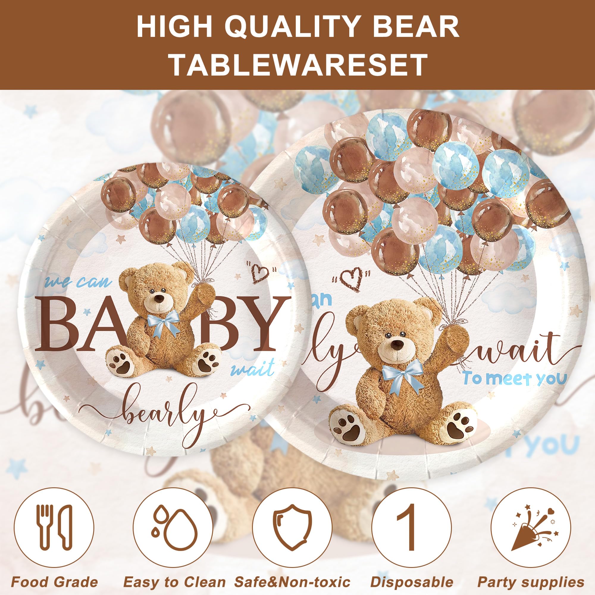 120PCS We Can Bearly Wait Party Supplies for Boys Girls Baby Shower Bear Themed Teddy Pregnancy Announcement Decorations Tableware Set Dessert Plates Napkins Cups Set for 20 Guests