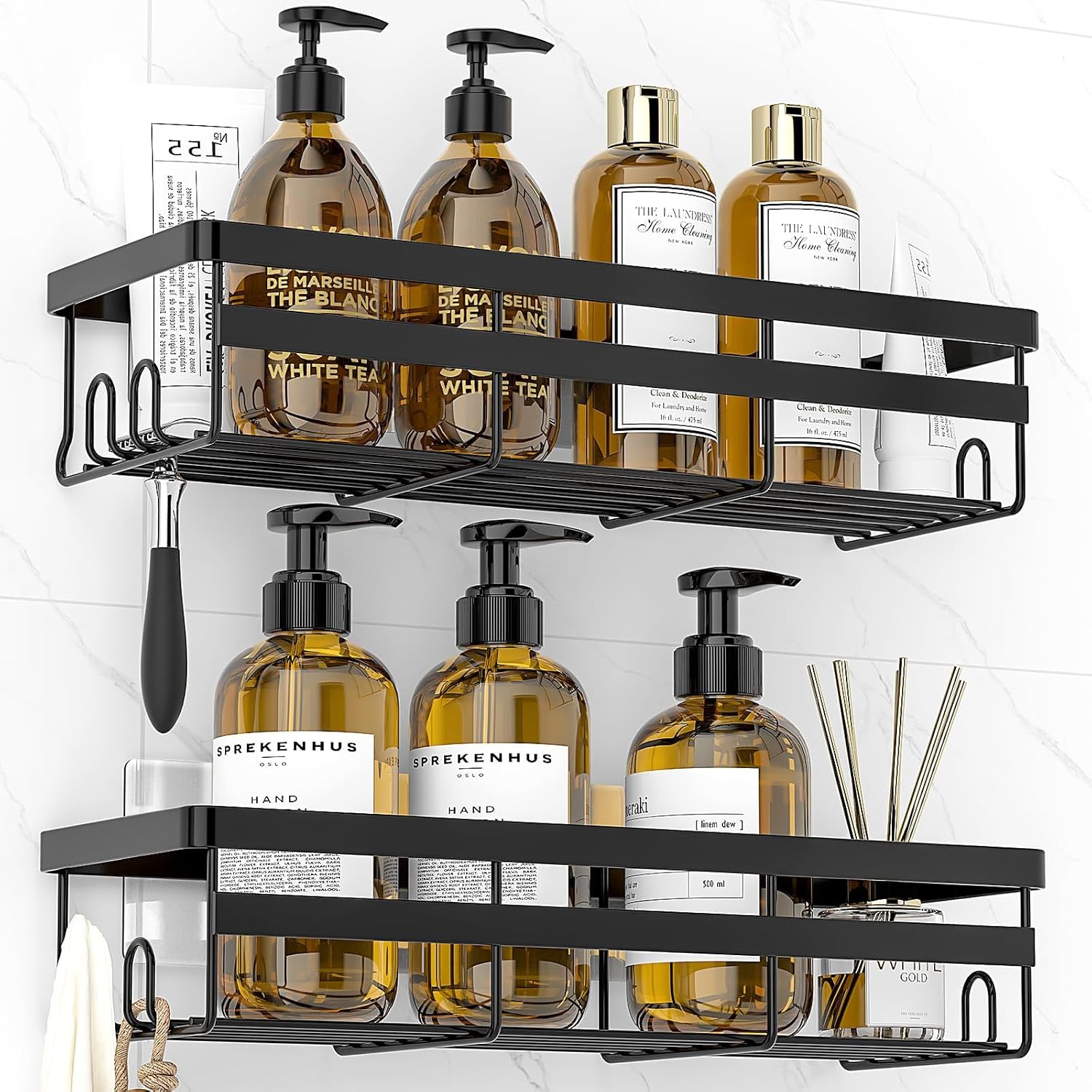 WOWBOX Shower Caddies 2 Pack - Adhesive Hanging Bathroom Organizers | No-Drill Stainless Steel Shelves