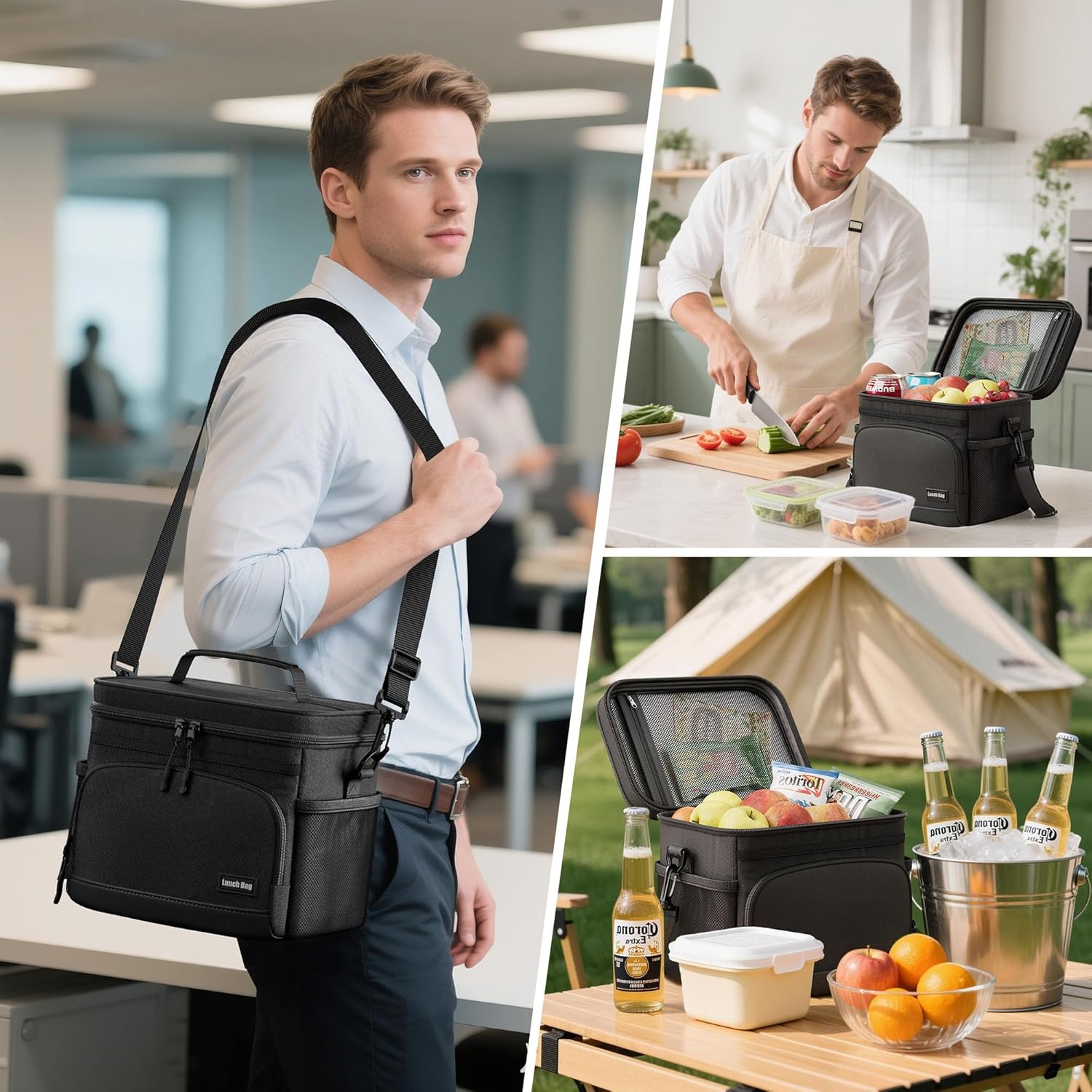 Skiennix Insulated Lunch Bag - Soft Cooler Tote for Work, Travel & Picnic | Black, 9L Capacity