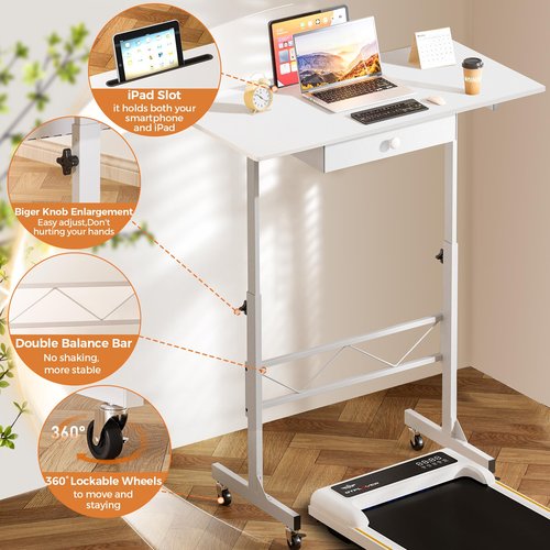 COMHOMA Small Standing Desk Adjustable Height Small Computer Desk Mobile Portable Rolling Laptop Table with Wheels 32" Computer Workstation Sit Stand Desks Portable Standing Table Treadmill desks