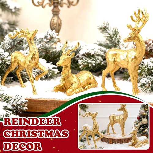 Exasinine Gold Reindeer Decor - 3 PCS Christmas Figurines for Holiday Centerpieces | Indoor Decorations