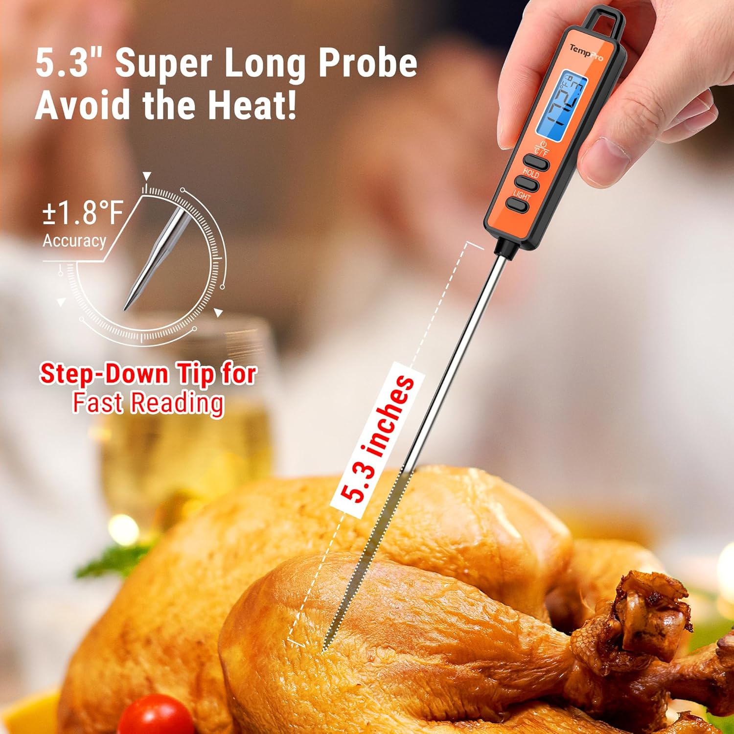 TempPro Digital Meat Thermometer - Instant Read Kitchen Tool with Long Probe & Backlit Display