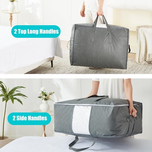 105L Extra Large Storage Bags - Organize Blankets, Bedding & Clothes | 4 Handles & Clear Window (Grey, 3-Pack)