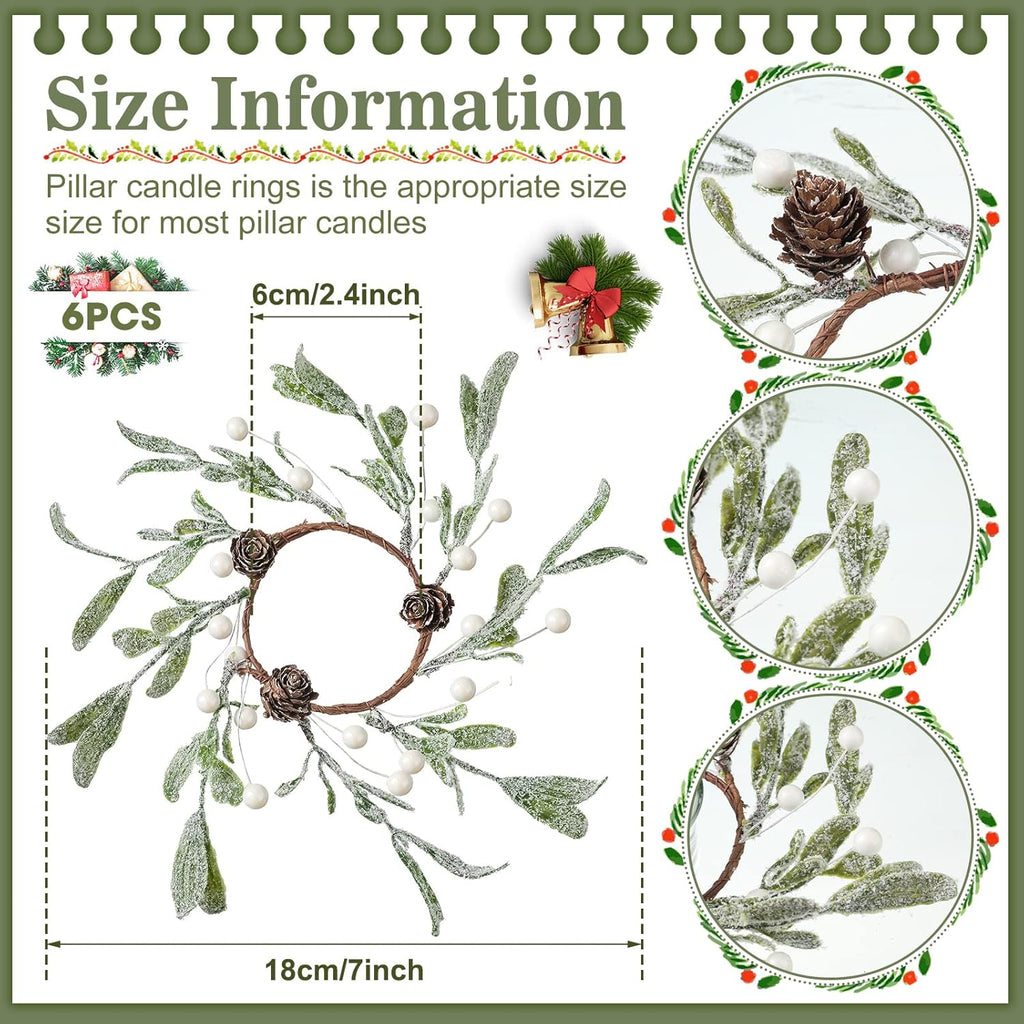 Skiennix Christmas Pillar Candle Rings - Frosted Mistletoe Wreaths with Pearl Accents | Set of 6 for Holiday Decor