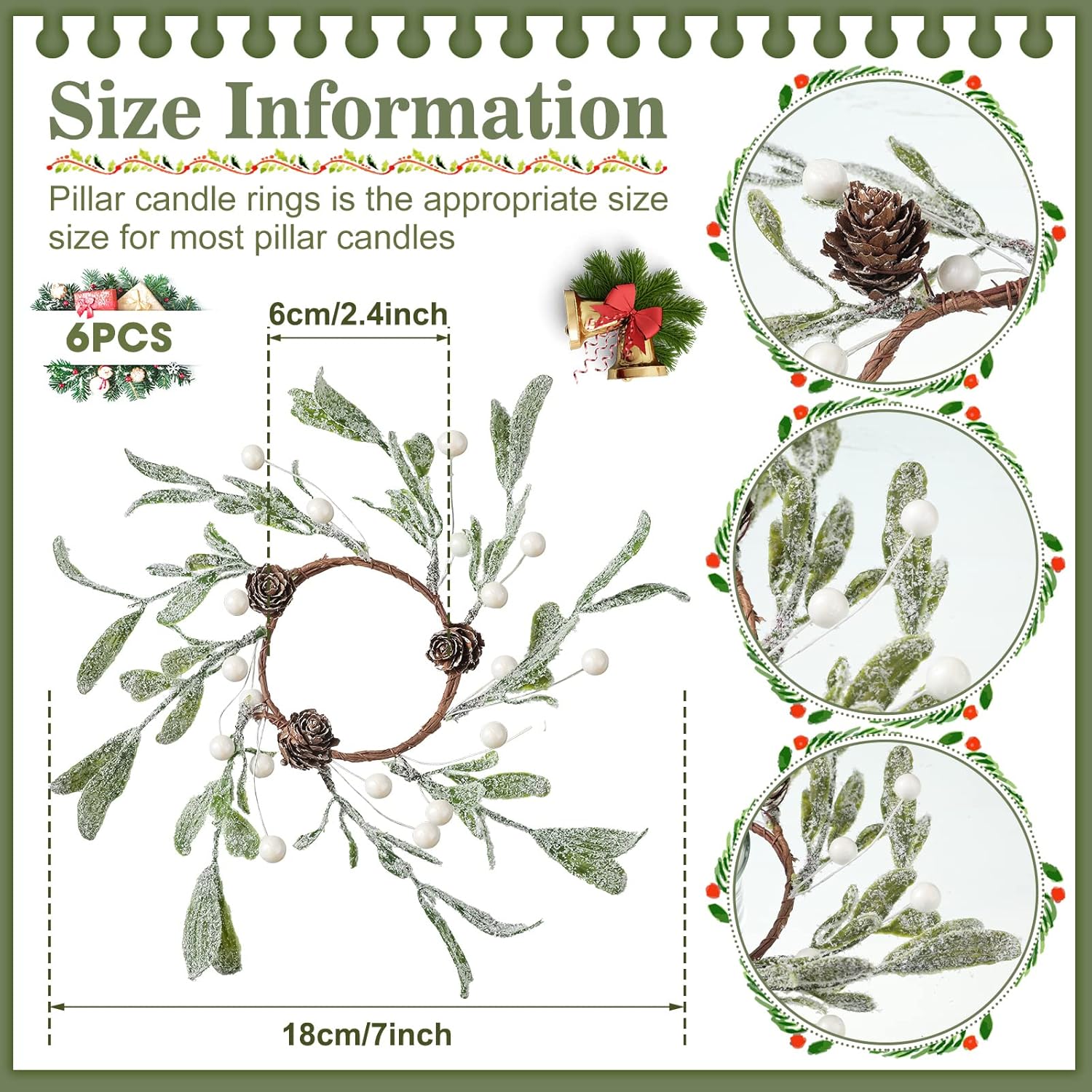 Skiennix Christmas Pillar Candle Rings - Frosted Mistletoe Wreaths with Pearl Accents | Set of 6 for Holiday Decor