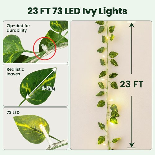HEYFUNi Faux Pothos String Lights - 23 Ft with 73 LED Warm White Leaf Lights for Bedroom & Wedding Decor