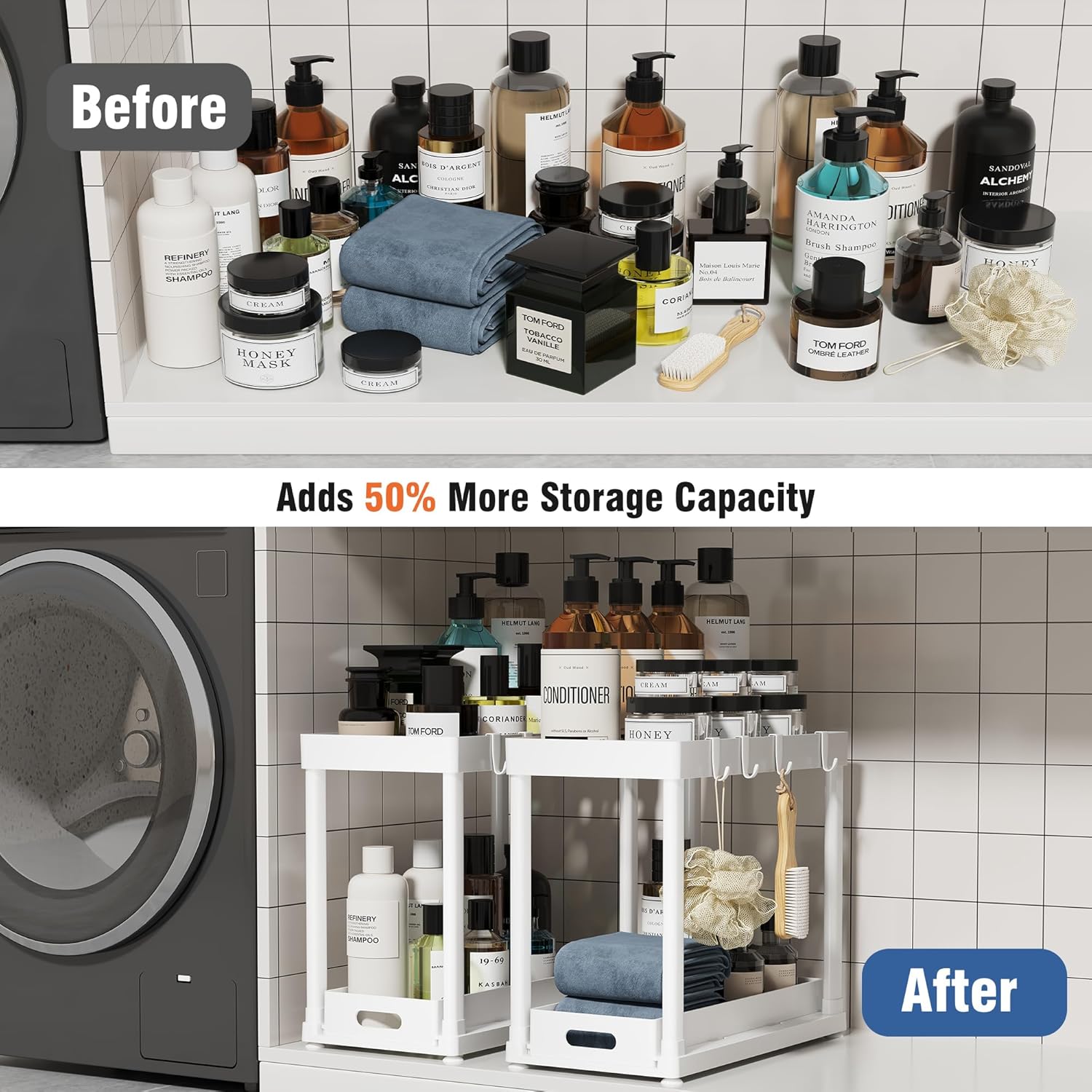 Skiennix Pull-Out Storage Organizers - Multi-Purpose Under Sink Bathroom & Kitchen Organizers | Black, 2 Pack