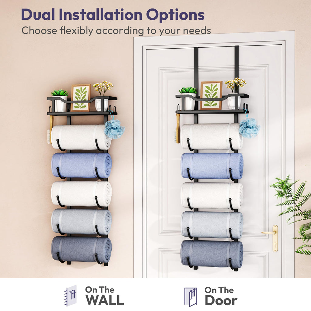 SWTYMIKI Over the Door Towel Rack - 6 Tier Towel Racks for Bathroom Wall Mounted, Towel Holder with Shelf, Hanging Rolled Towel Storage Organizer for Small Bathroom, Camper, RV, Black