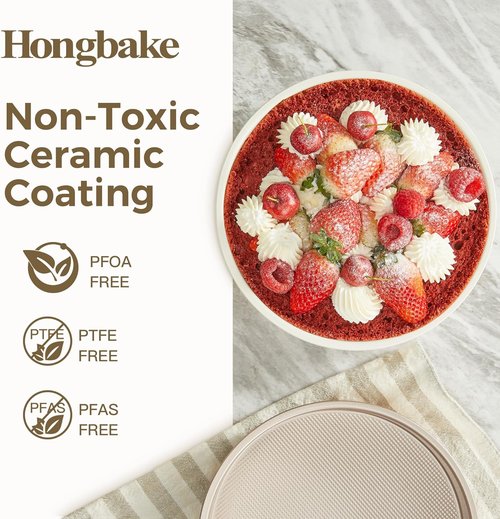 HONGBAKE Nonstick Ceramic 9-Inch Round Cake Pan Set - Heavy-Duty Aluminized Steel, Diamond Texture, Non-Toxic Molds