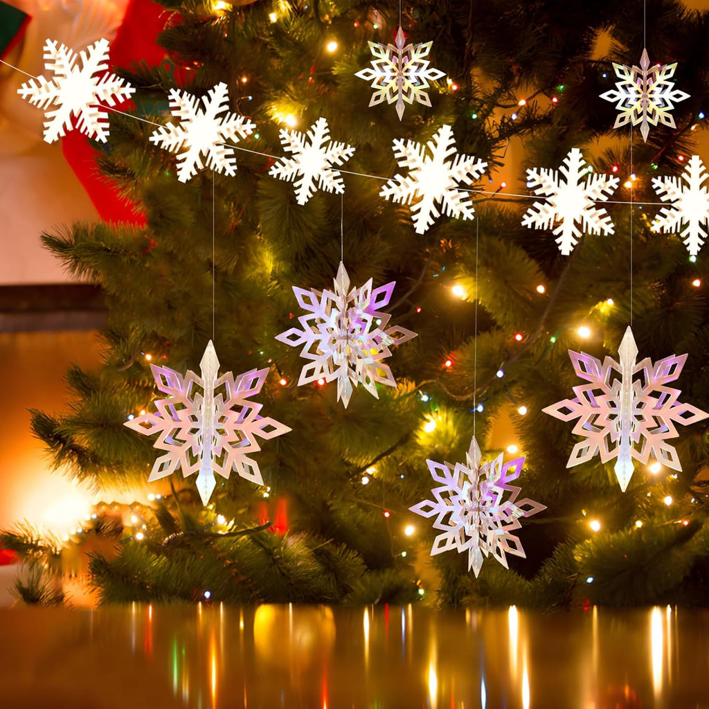 Regine Switzerland 24 PCS Snowflake Christmas Hanging Decor - 12 Glittery & 12 White Paper Snowflakes for Winter Holiday Parties