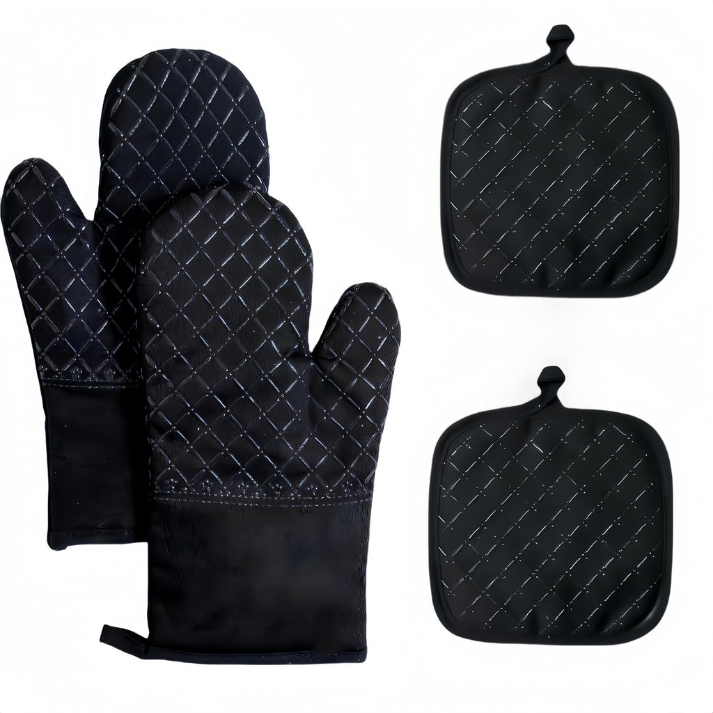 Skiennix Oven Mitts Set - 4-Piece Heat Resistant Kitchen Mitts & Pan Racks | Non-Slip Silicone, Black