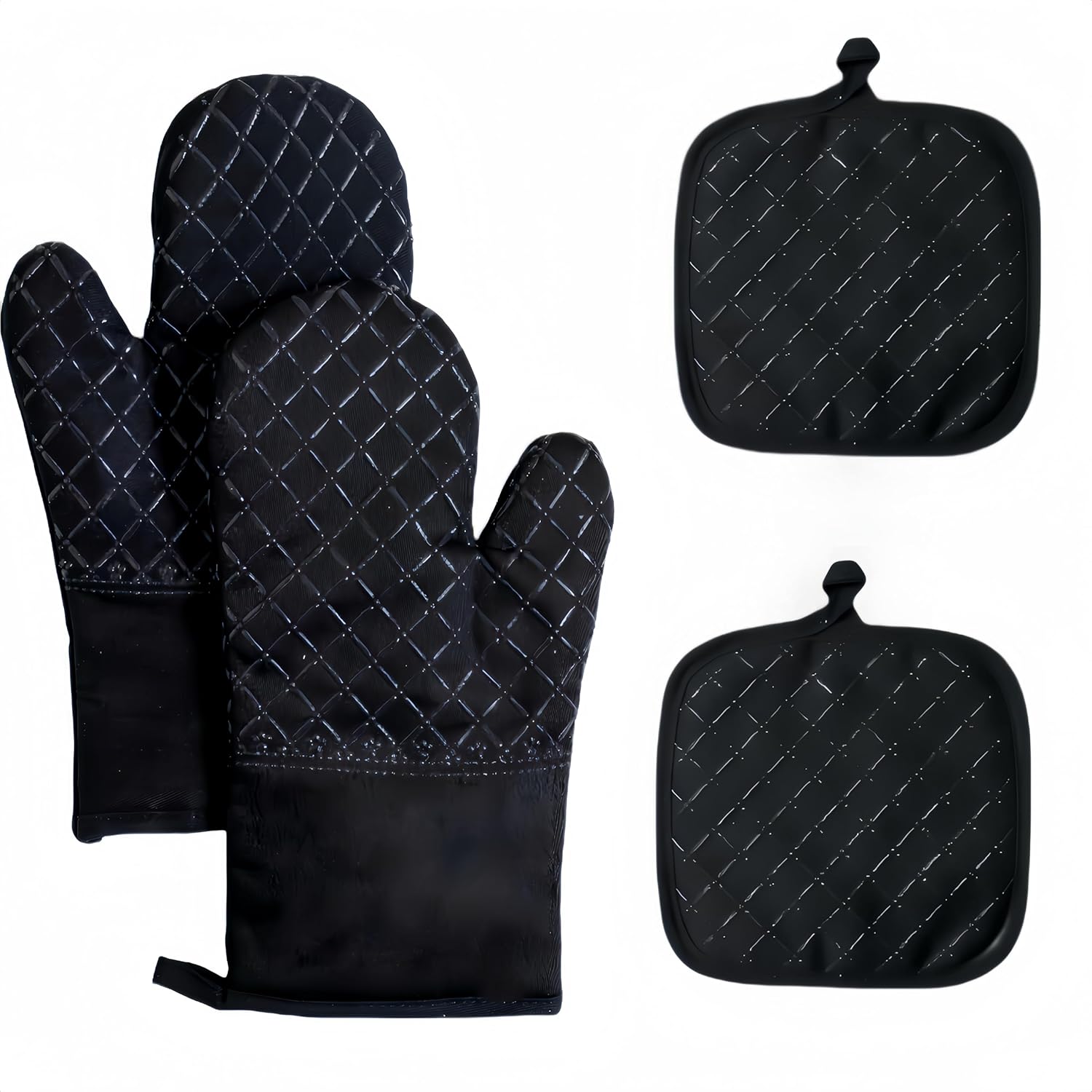 Skiennix Oven Mitts Set - 4-Piece Heat Resistant Kitchen Mitts & Pan Racks | Non-Slip Silicone, Black
