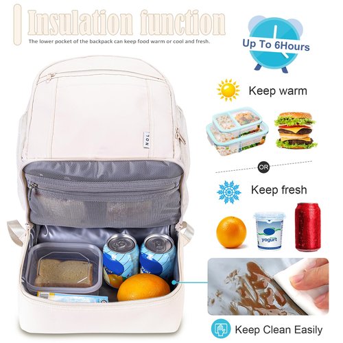 NOL Natural Organic Lifestyle Kids 2-in-1 Backpack & Insulated Lunch Bag-16 Multi-Functional Large Compartments Backpack for School & Travel, Double Deck, Water Resistant, Leak-proof, Padded (Cream)