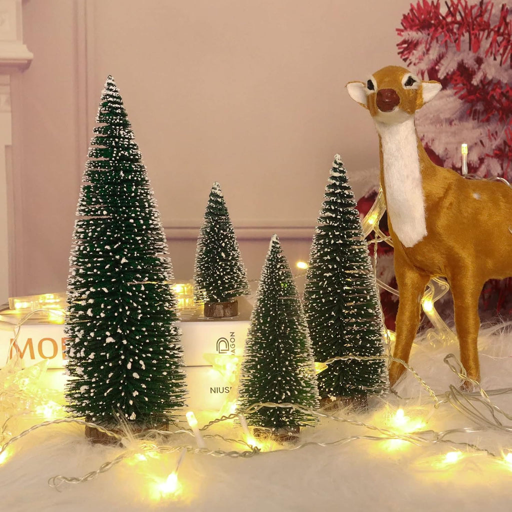 Skiennix Mini Christmas Tree - Small Pine Tabletop Decor with Wooden Base | Green - Set of 4
