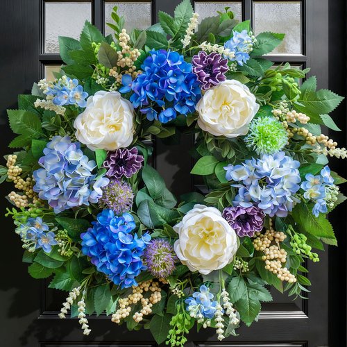 Pinkpuii 26 Inch Spring Wreaths for Front Door Outside– Large Artificial Summer Wreath with Blue Hydrangea, White Peony Flowers and Eucalyptus Leaves– Indoor Outdoor Porch Farmhouse Home Wall Décor
