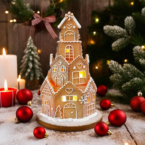 Beeveer LED Gingerbread House Decoration - Festive Resin Xmas Village Figurine | 5 x 5 x 8.25 Inch