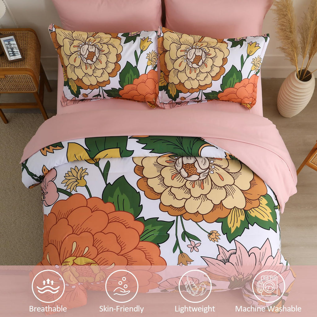 Djoymock Floral Comforter Set, Pink Orange Bedding Set Queen Size 7 Piece Boho Chic Flower Bed in a Bag Revesible Microfiber Winter Down Alternative Bed Set with Pillowcases & Shams,Sheets