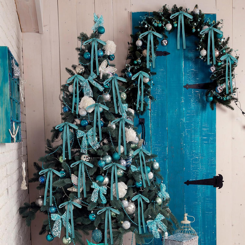 Skiennix Velvet Bows - 24 Pcs Vintage Ribbon for Christmas Tree & Crafts | Turquoise 5x7 Inch