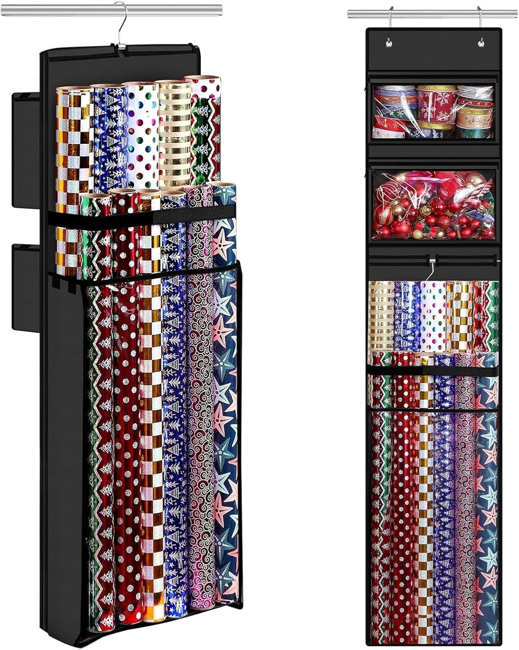 Woodoulogy Wrapping Paper Organizer - Double-Sided Gift Wrap Roll Holder | 63"x13" Over Door Storage, Black
