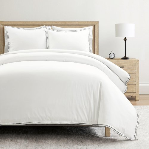 Lush Decor Hampton Double Flange Embroidered Contrast Edge Cotton Duvet Cover Set, 3 Piece Set, King, White & Black - Hotel Bedding Set - Black Trim - White Duvet Cover - Minimalist Decor