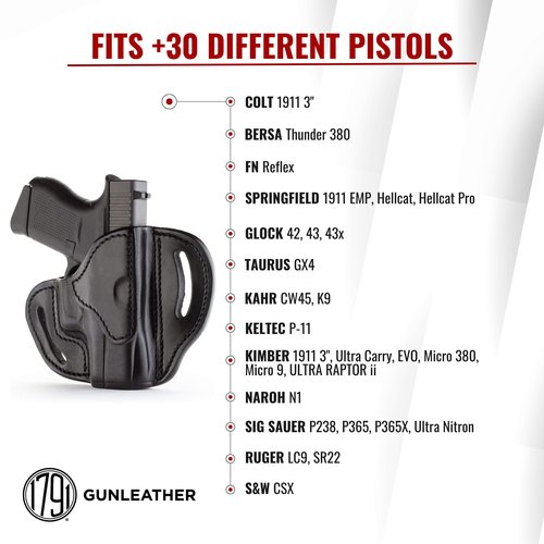 1791 Gunleather Glock 43 Holster, Right Hand OWB G43 Leather Gun Holster for Belts. Fits Glock 43 and Ruger LC9 & Ruger SR22