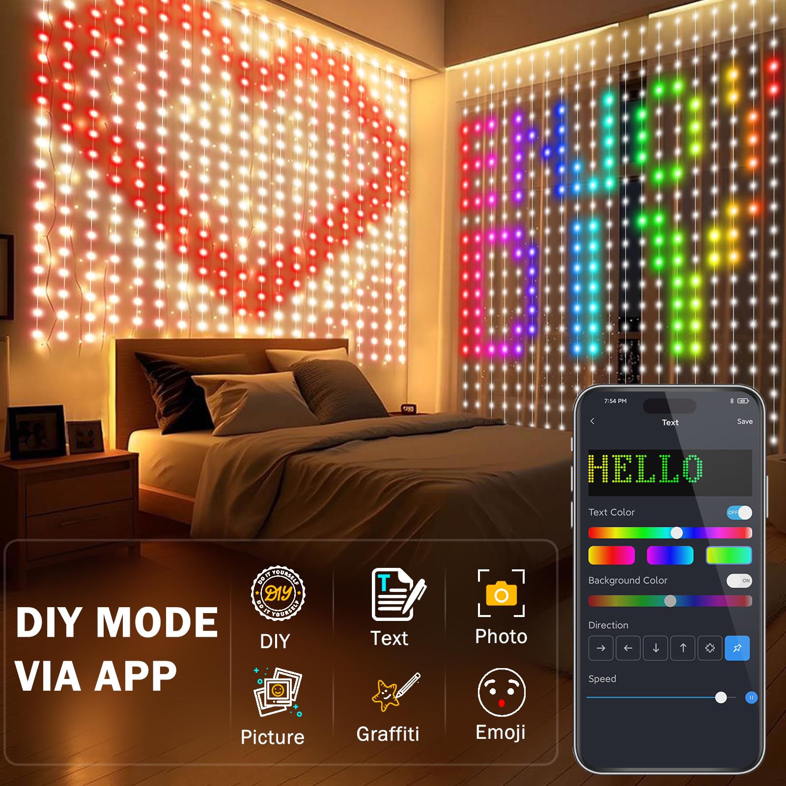 ASTRAEA Smart Curtain Lights 400 LED Curtain Light with APP & Remote,Music Sync,Timer,Indoor Outdoor 6.6Ftx6.6Ft DIY String Fairy Light for Christmas,Halloween,4th of July,Bedroom Wall Backdrop Yard