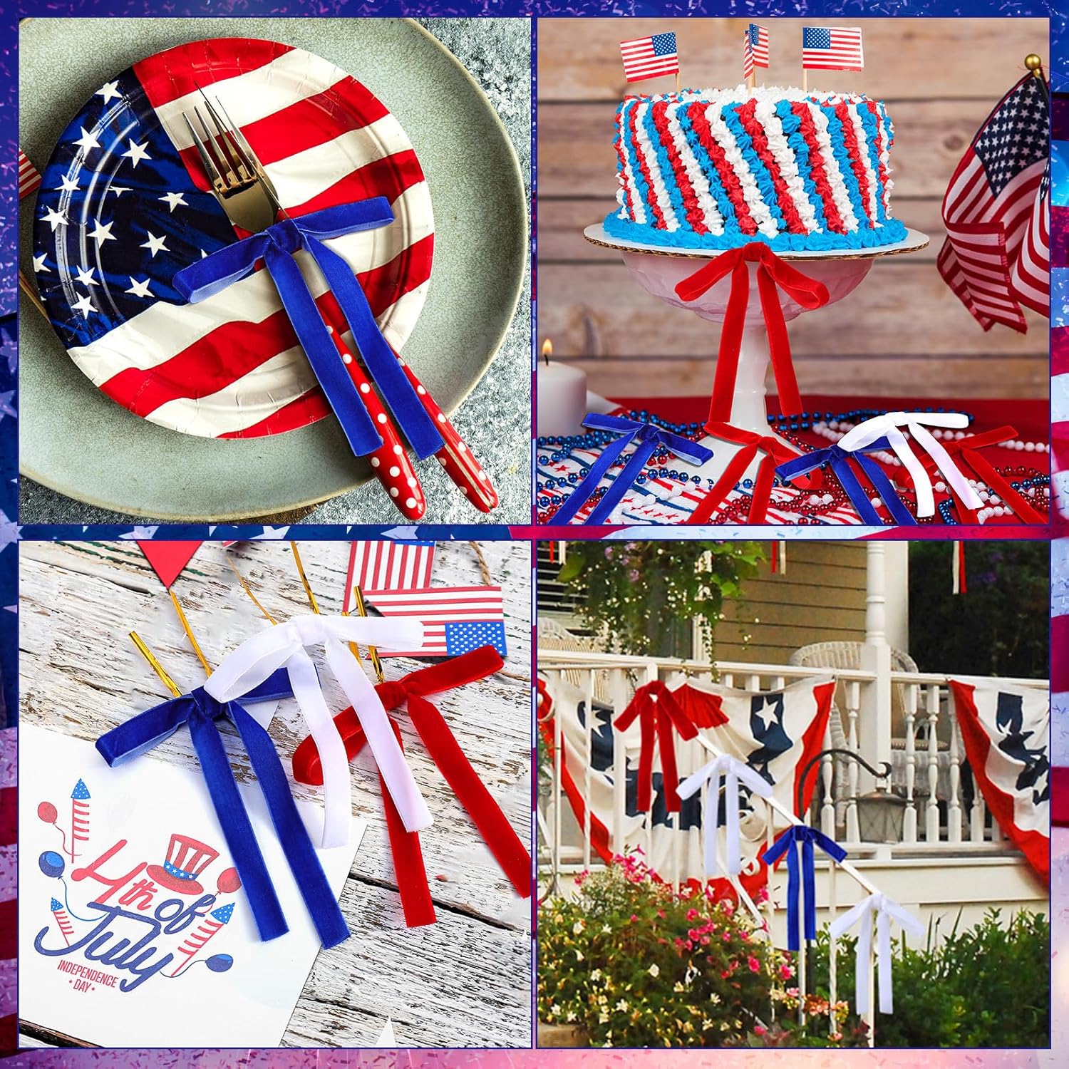 Skiennix Velvet Bows - 24 Pcs Vintage Ribbon for Christmas Tree & Crafts | 5 x 7 Inch, Blue, White, Red