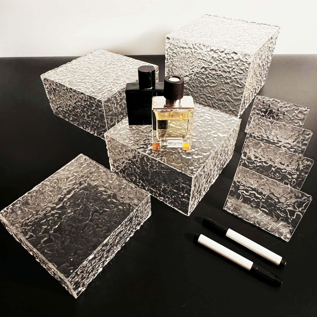 ReeGii 8PCS Buffet Risers Display Stands with 8PCS Mini Signs,Acrylic Cube Display Risers with Hollow Bottom, 2Sets (6, 6.5, 7, 8)" (Transparent, 2 Sets ( 6'',6.5'',7'',8'' ))