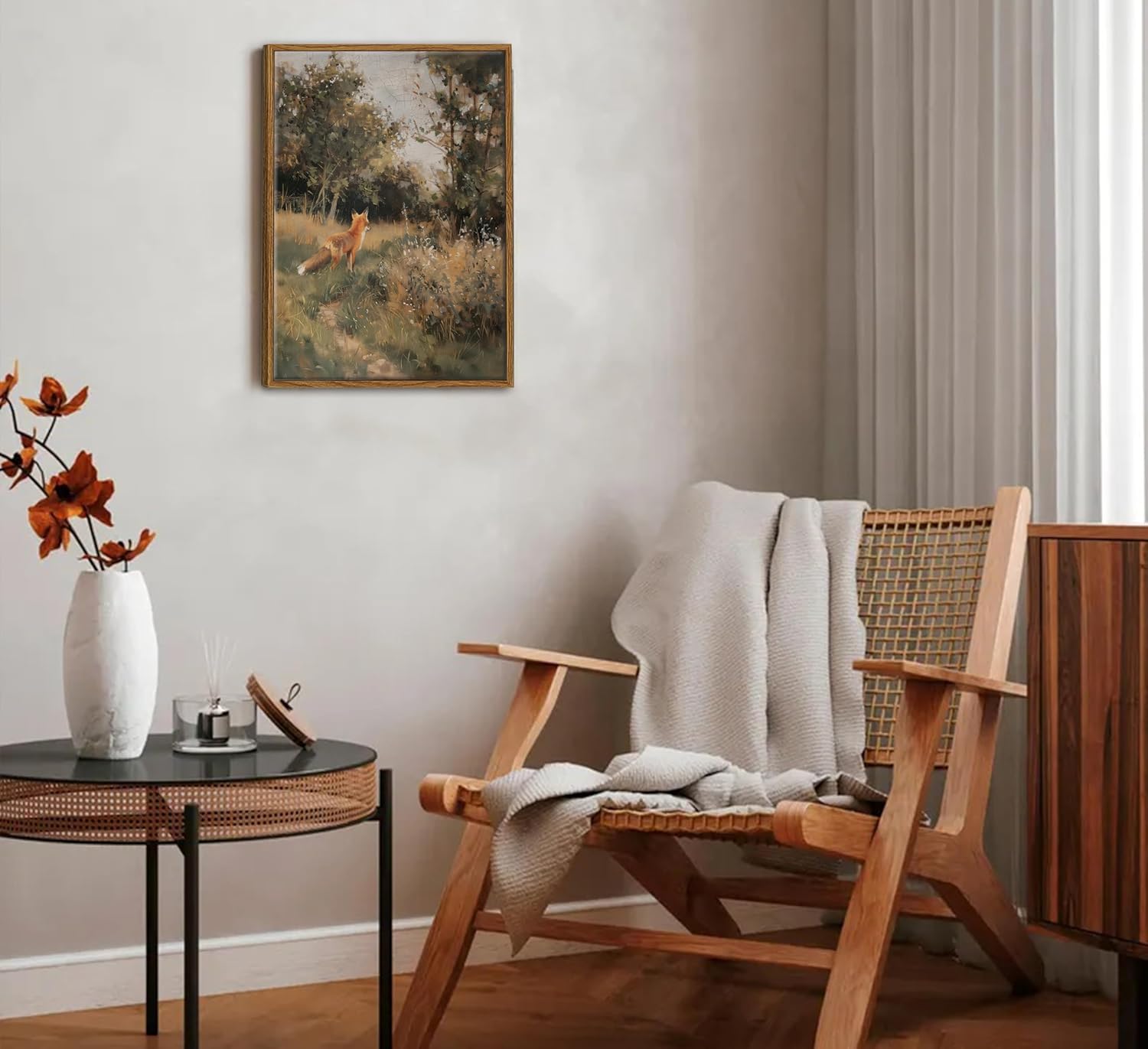 Vintage Fox Canvas Wall Art - Charming Forest Animal Oil Painting for Living Room & Bedroom Decor