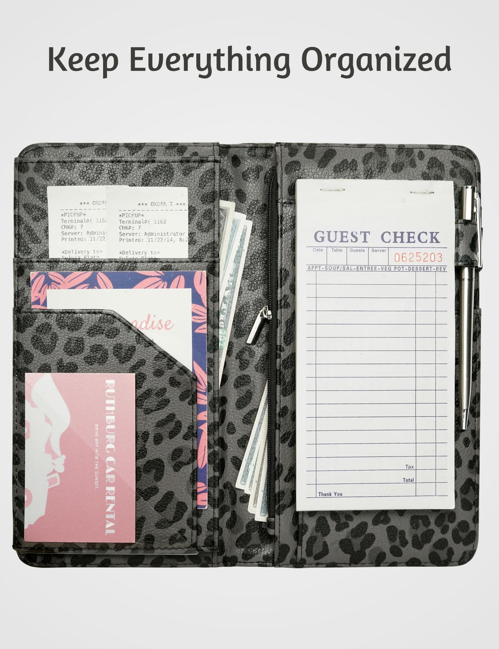 Server Book for Waitress Book with Zipper Pocket and Magnetic Closure, 5"×9" Grey Leopard Cute Server Wallet with Money Pocket, Restaurant Waitstaff Organizer Fit Server Apron