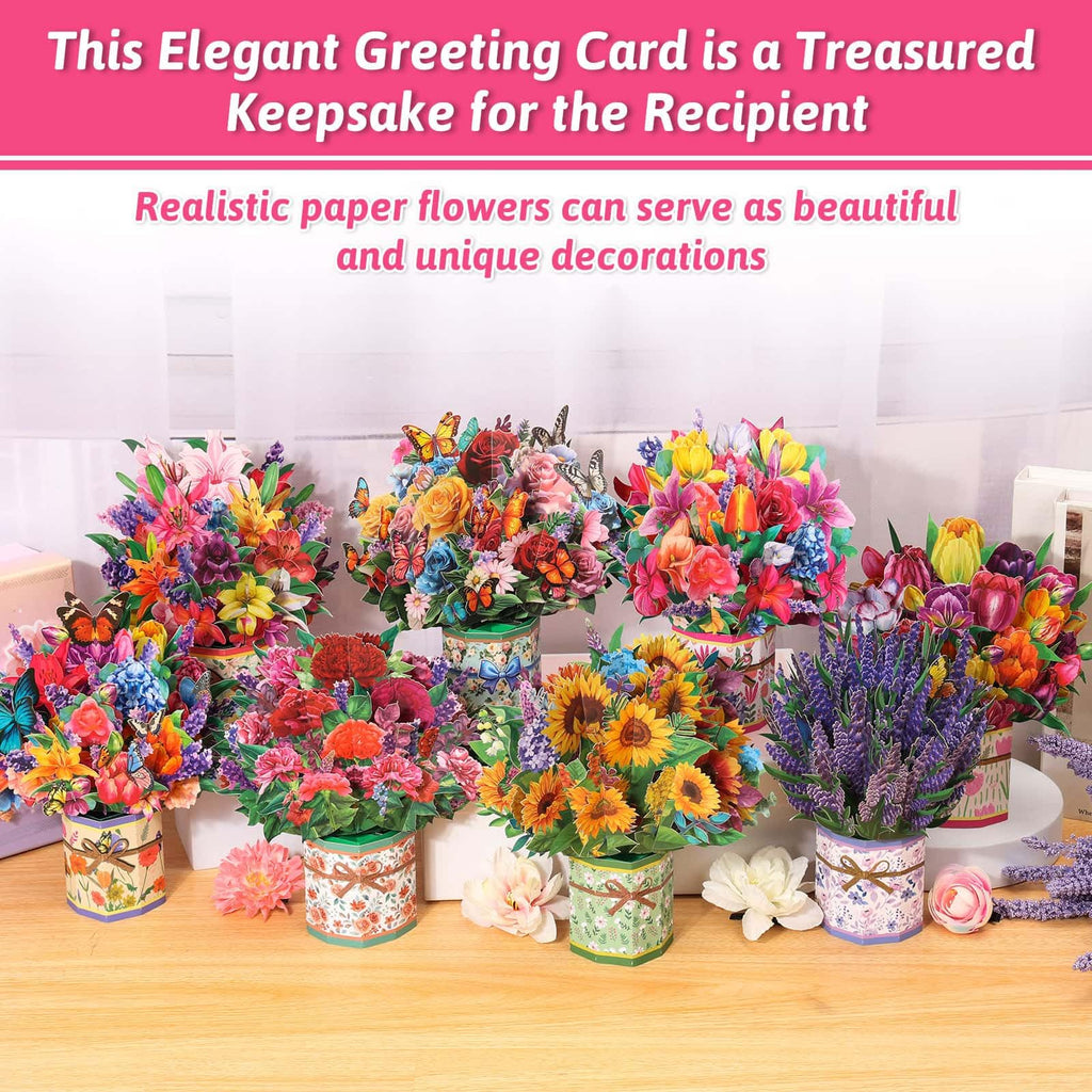 8 Pack Paper Flower Pop Up Cards, Flower Bouquet Card Popup 3D Greeting Cards for Mother's Day, Graduation, Anniversary, Birthday, Congratulations, Get Well, Home Decor, with Envelope and Note