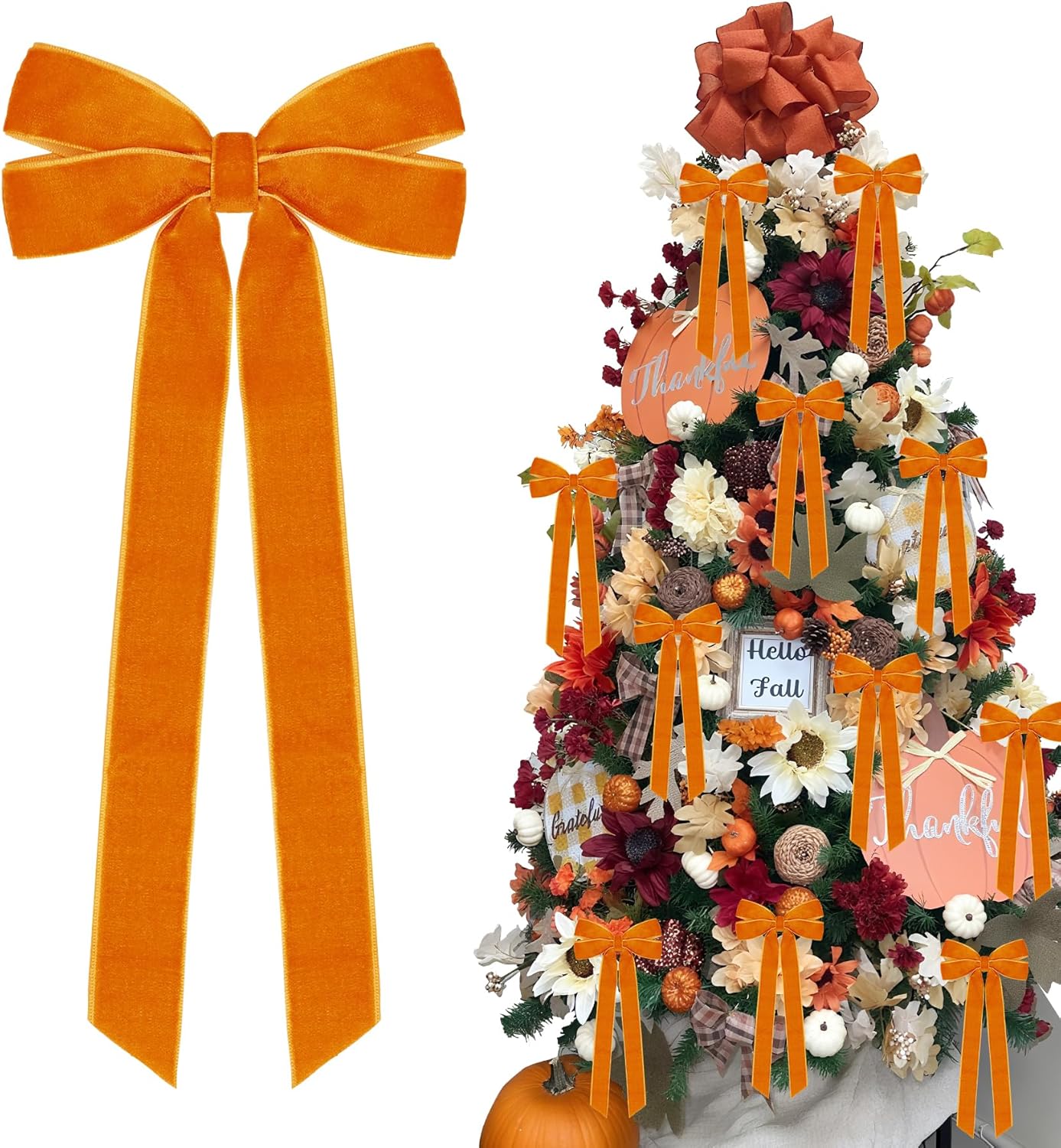 Skiennix 12Pcs Fall Velvet Ribbon Bows - 5in x 10in Orange Christmas Ornaments for Holiday Decor