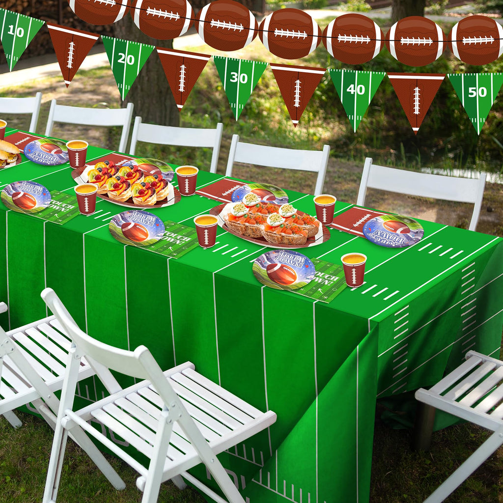 99PCS Football Party Tableware Supplies,Set of 24 Football Plates Napkins Cups,11.8in Football Shaped Disposable Paper Plates,Banner and Touchdown Tablecloth for Birthday Gameday Tailgate Decoration